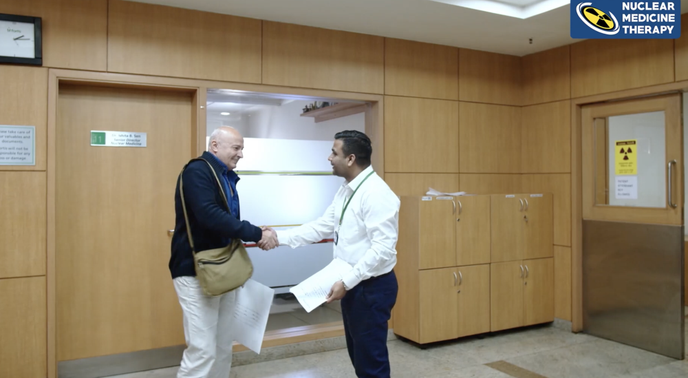 Patient being welcomed on arrival at the nuclear medicine department at FMRI, Gurugram