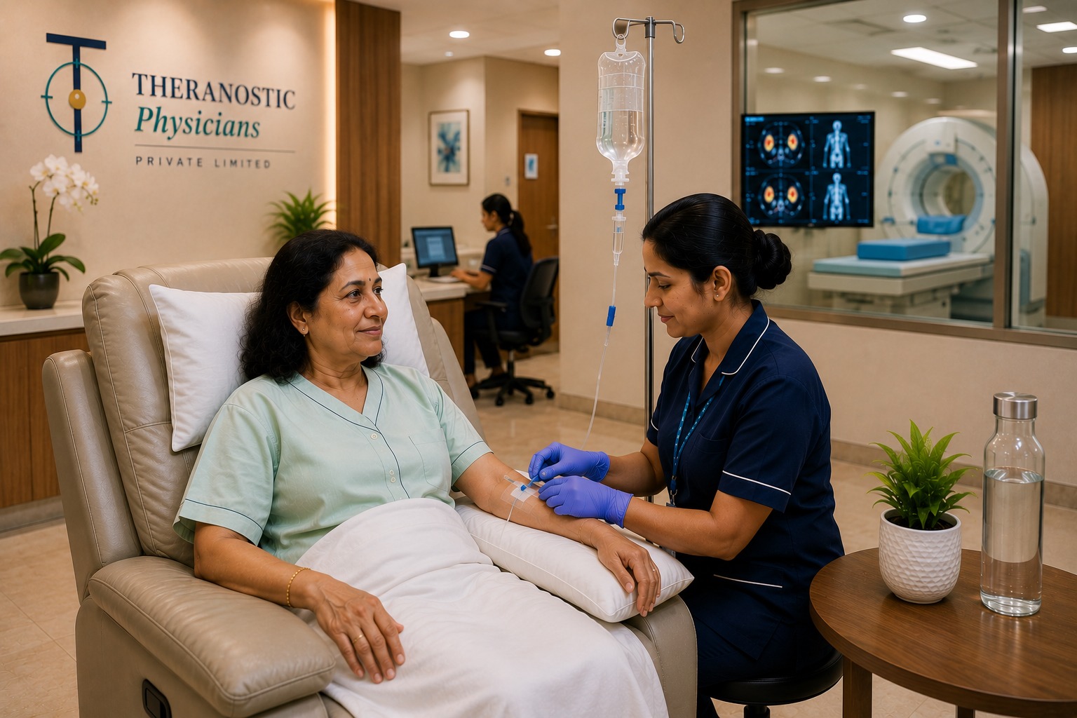 Neuroendocrine tumour patient receiving Lu-177 DOTATATE PRRT in a supervised nuclear medicine therapy area.