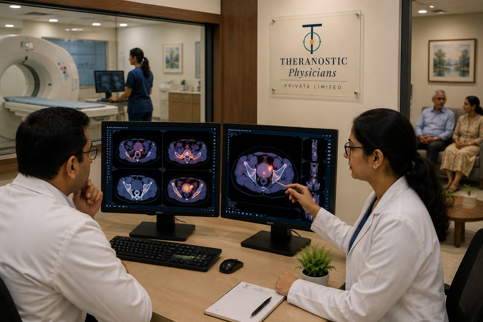 Nuclear medicine team reviewing FAPI PET CT imaging before Lu-177 FAPI therapy consideration.