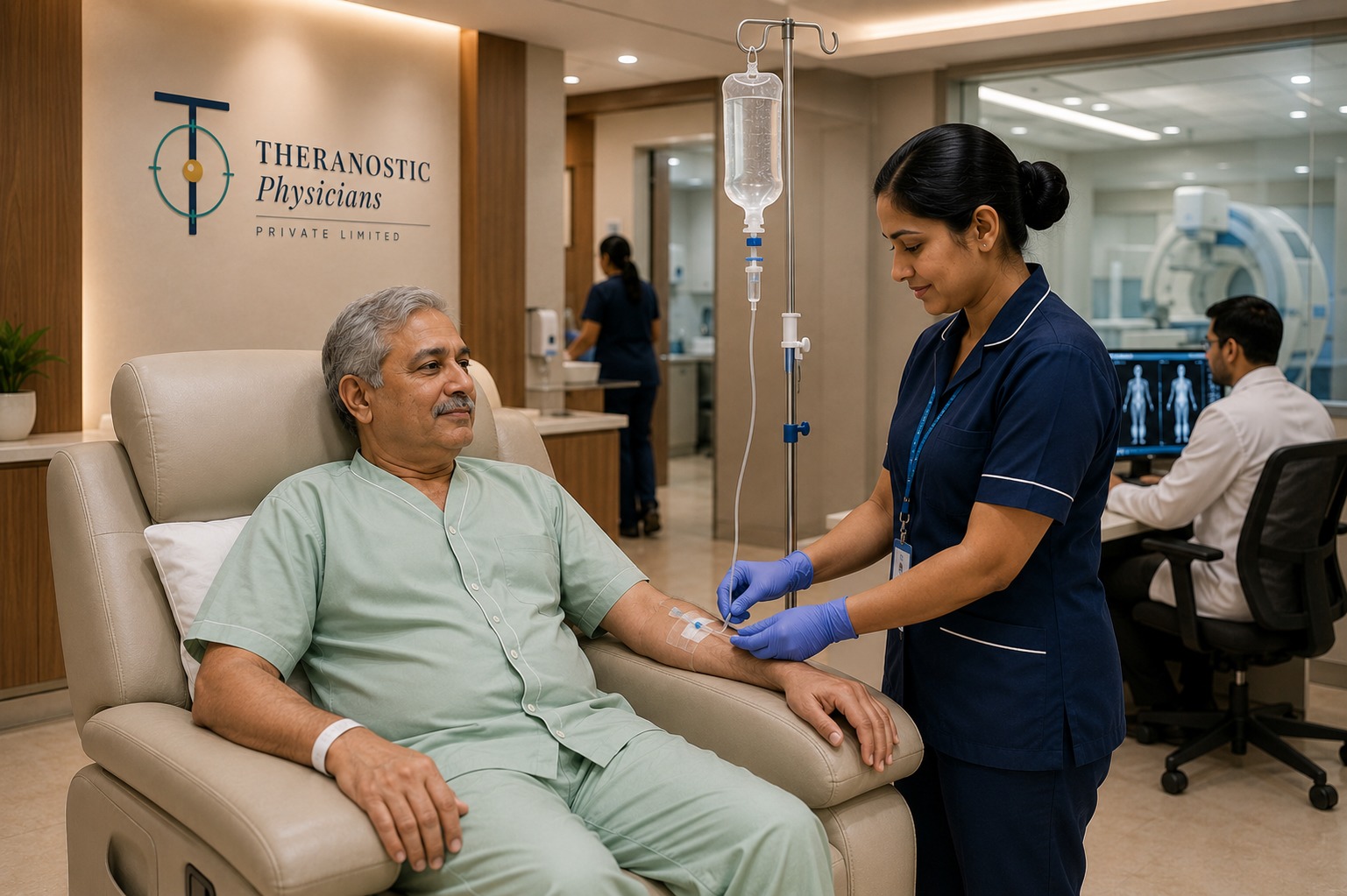 Prostate cancer patient receiving Lu-177 PSMA therapy in a supervised nuclear medicine treatment area.