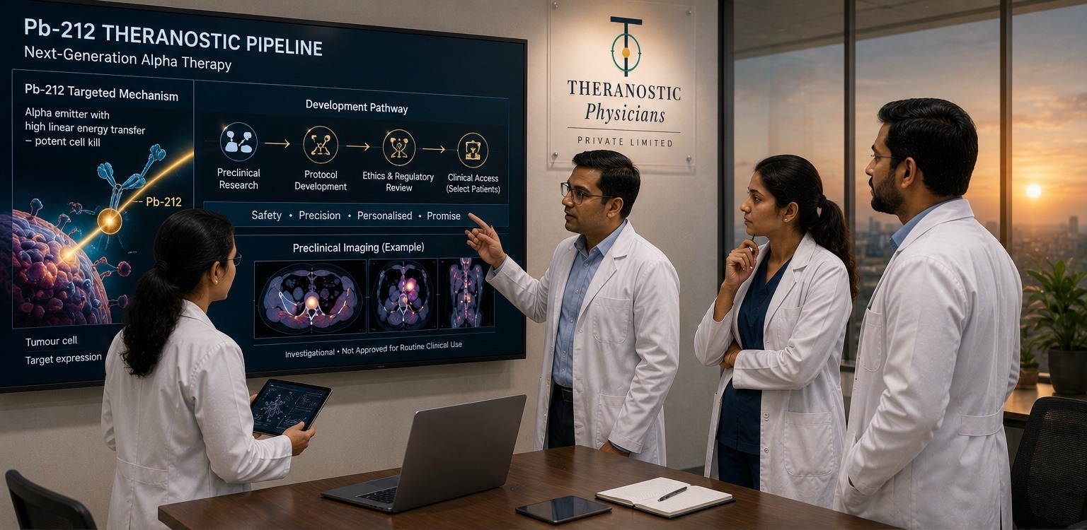 Nuclear medicine team reviewing future Pb-212 theranostic protocols in a hospital planning room.